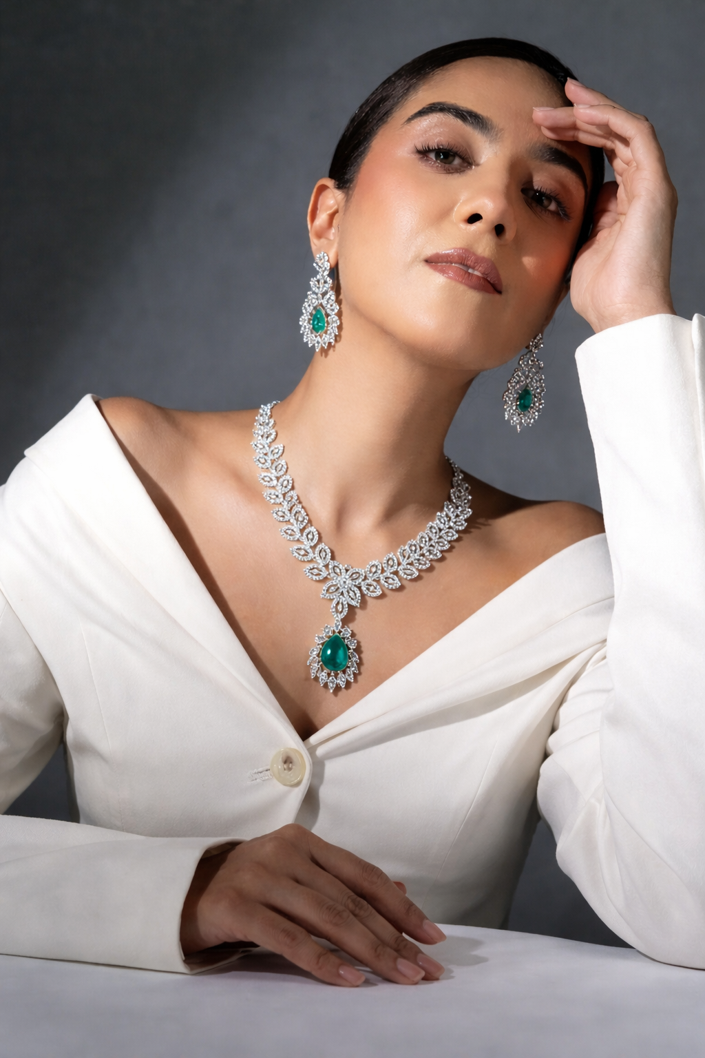 Emerald Drop Diamond Necklace Set