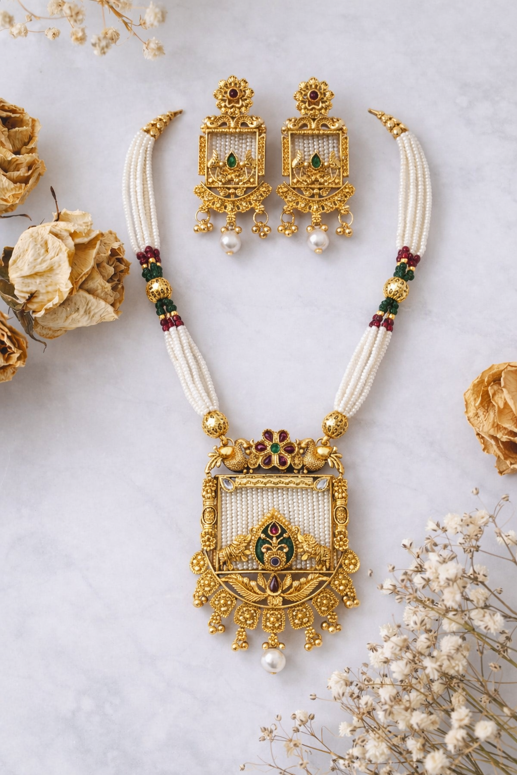 Heritage Temple Pearl Necklace Set with Peacock Motif Pendant & Earrings