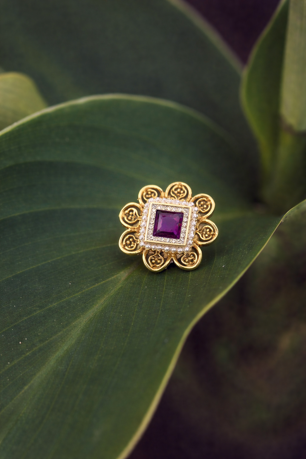 Ruby Pearl Floral Gold Ring – Vintage Square Gemstone Statement Ring