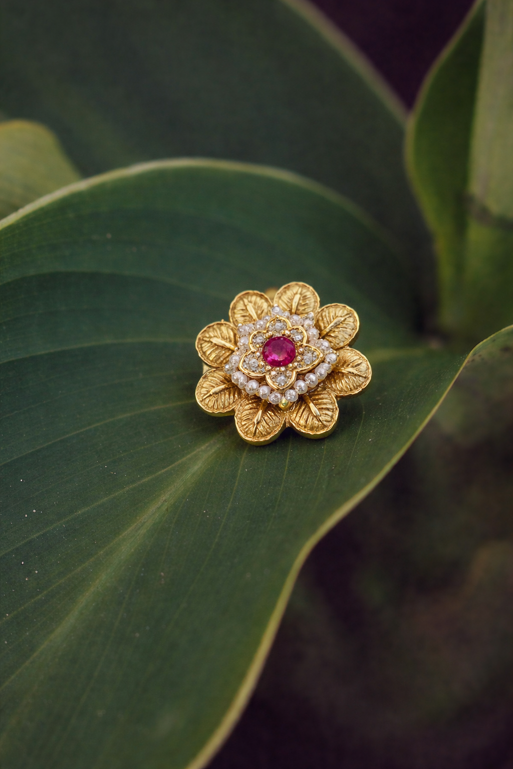 Royal Floral Gold Ring with Ruby Stone & Pearl Detailing