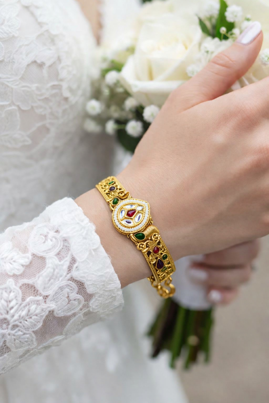 Classic Heritage Gold Bracelet with Kundan & Ruby-Emerald Accents