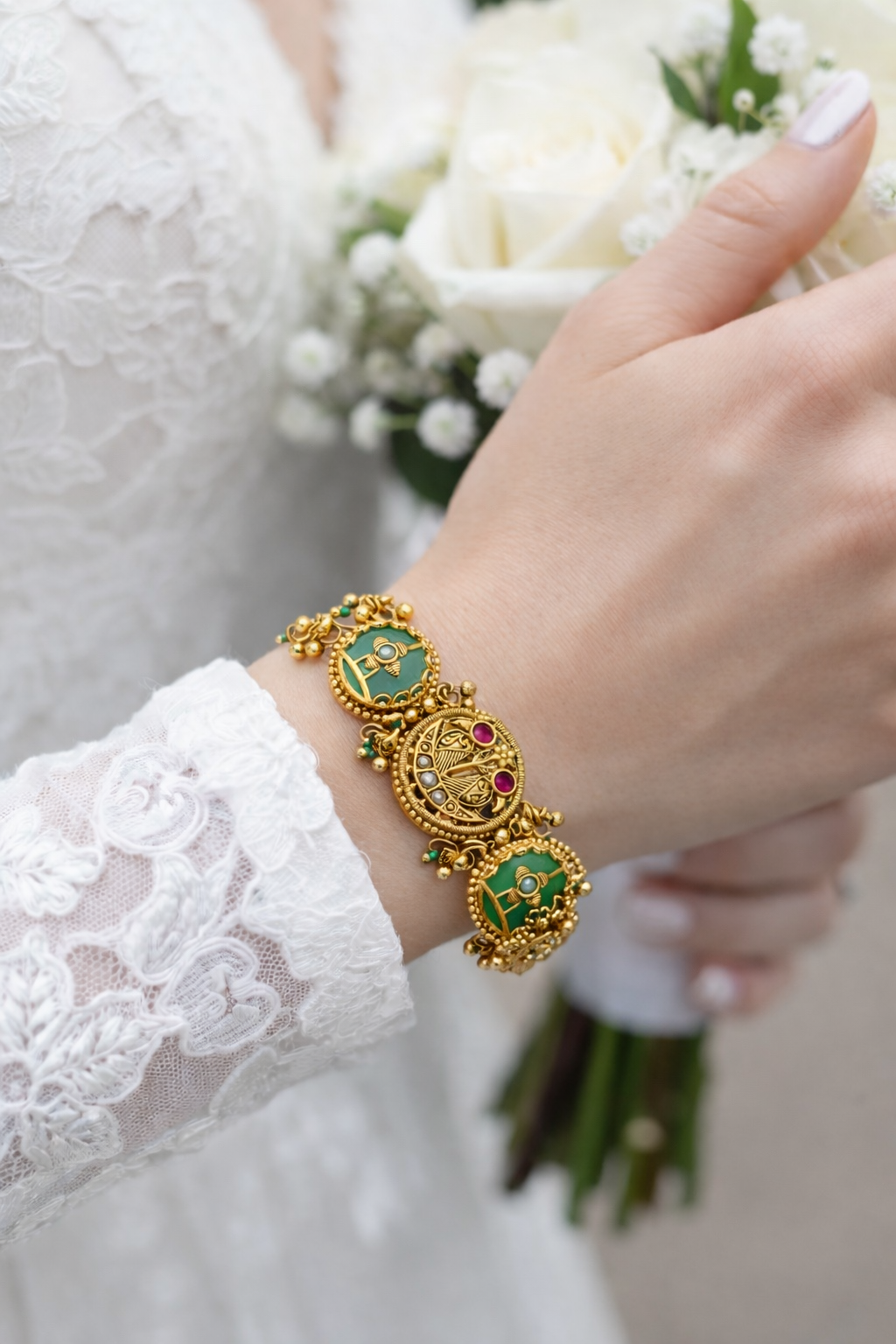 Antique Temple Design Gold Bracelet with Green Enamel & Ruby Accents