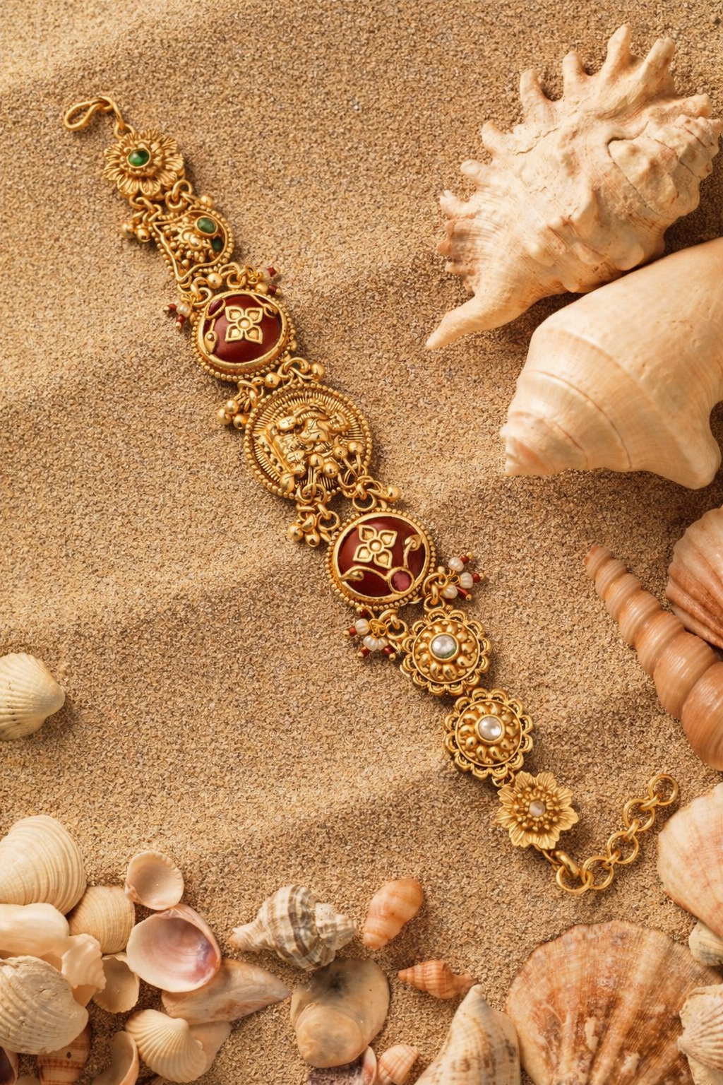 Antique Temple Coin Gold Bracelet with Red Enamel & Floral Motifs