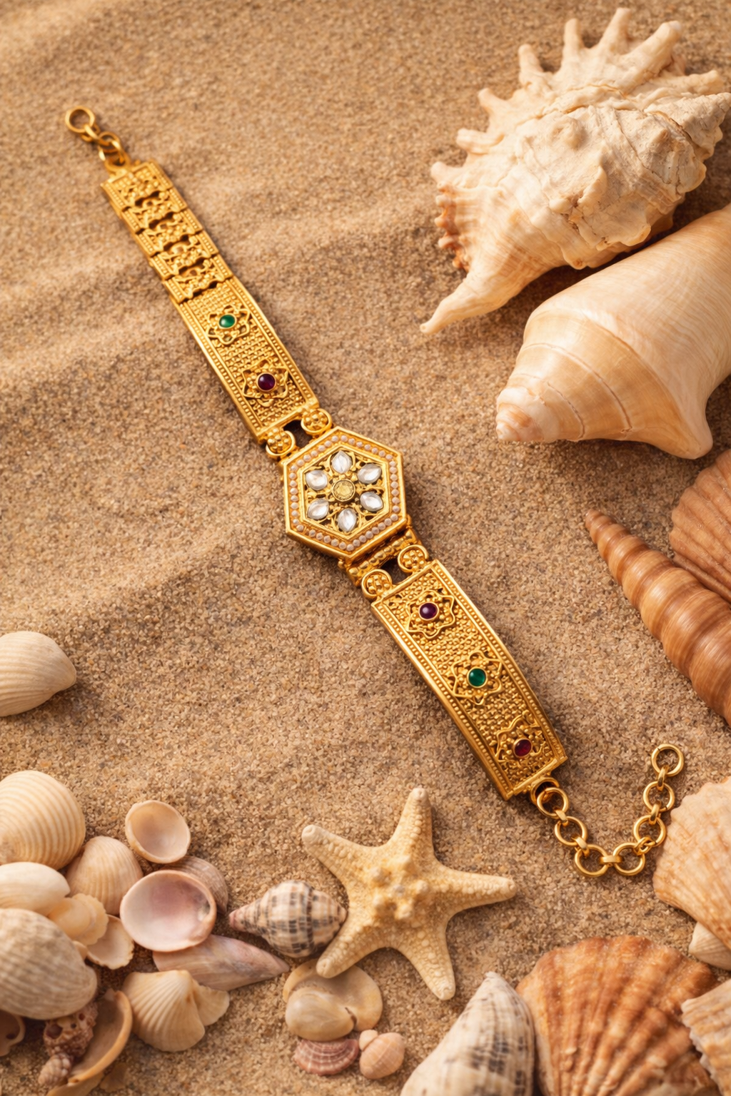 Classic Kundan Floral Gold Bracelet with Ruby & Emerald Accents Product Description: