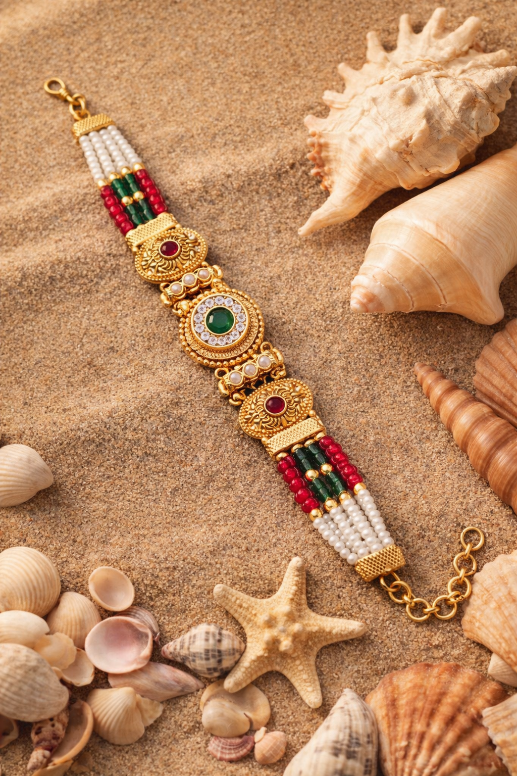 Traditional Pearl Beaded Gold Bracelet with Ruby & Emerald Stone Design