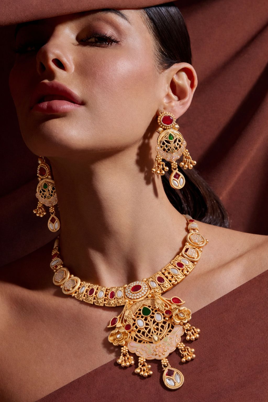 Royal Antique Gold Kundan Filigree Pendant Necklace Set with Earrings