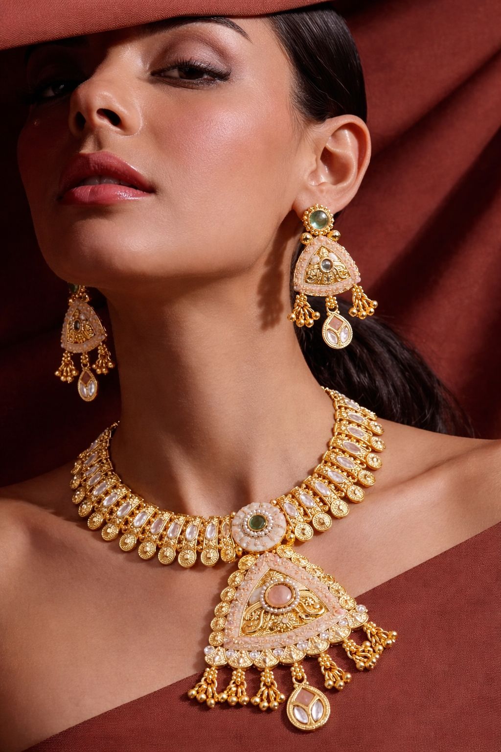 Royal Antique Gold Kundan Triangle Pendant Necklace Set with Earrings
