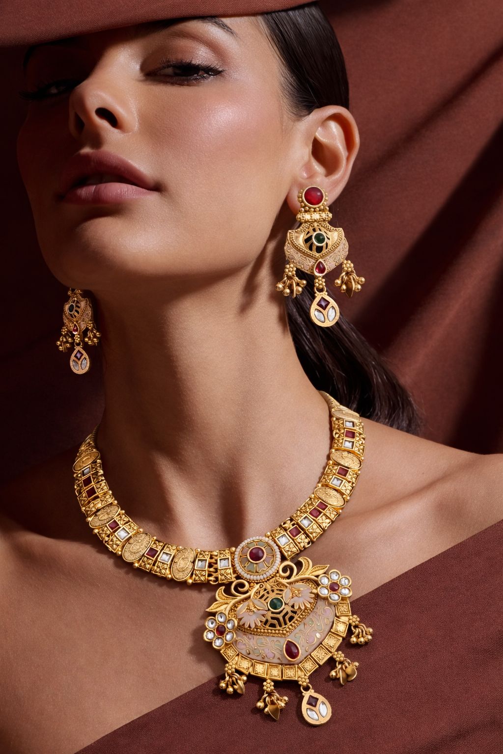 Royal Kundan Antique Gold Pendant Necklace Set with Earrings