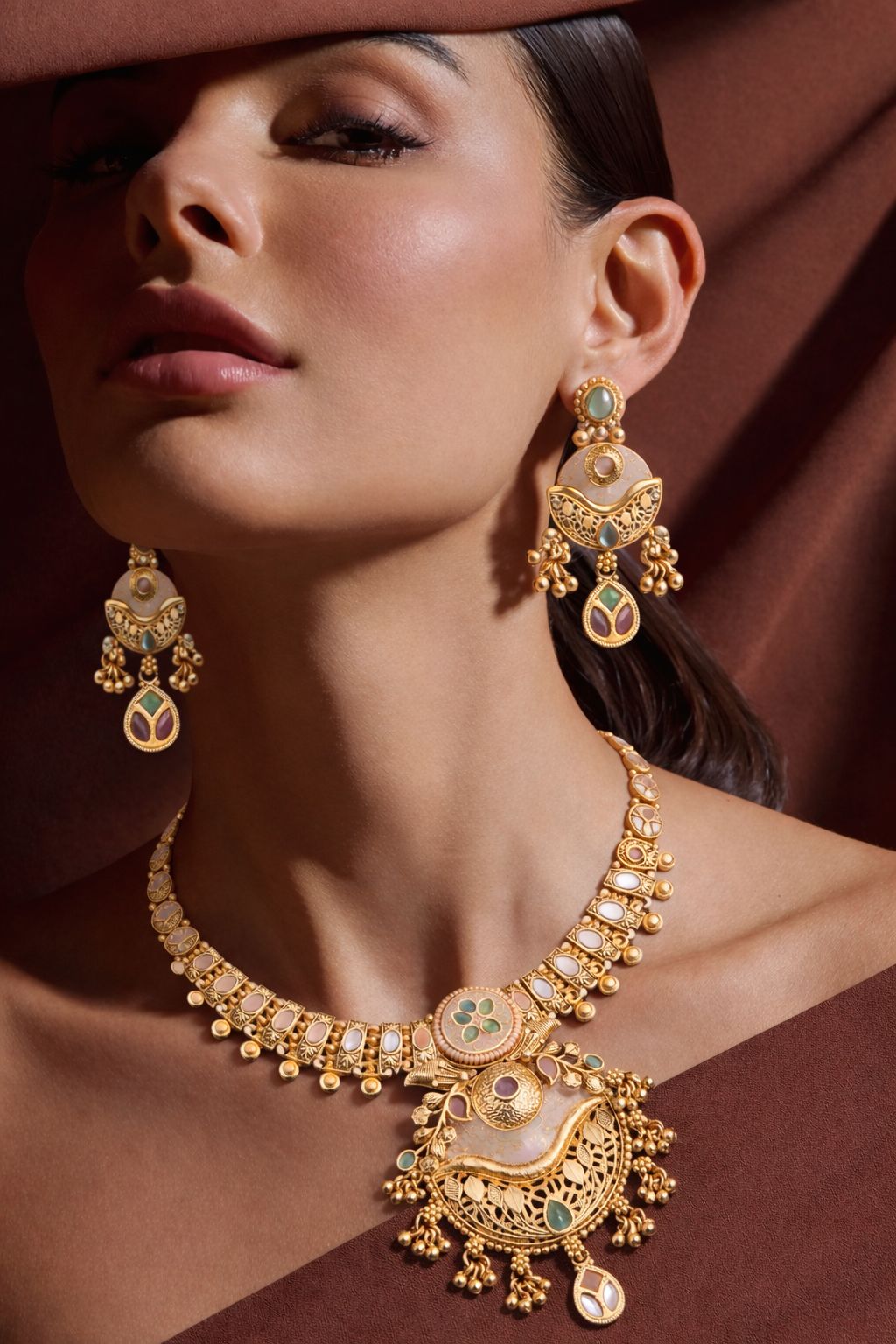 Elegant Pastel Kundan Antique Gold Pendant Necklace Set with Earrings