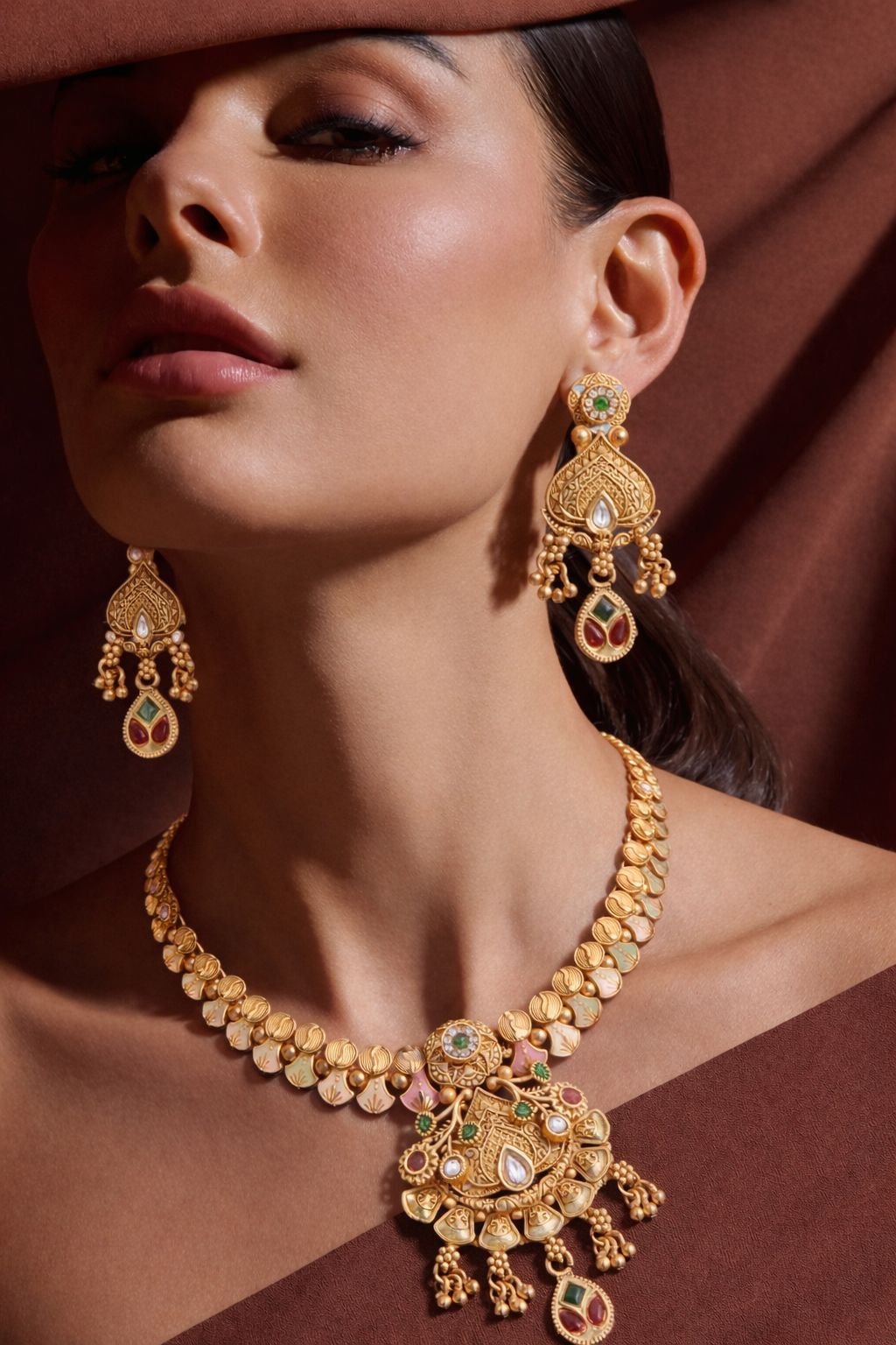 Royal Antique Gold Floral Kundan Pendant Necklace Set with Earrings