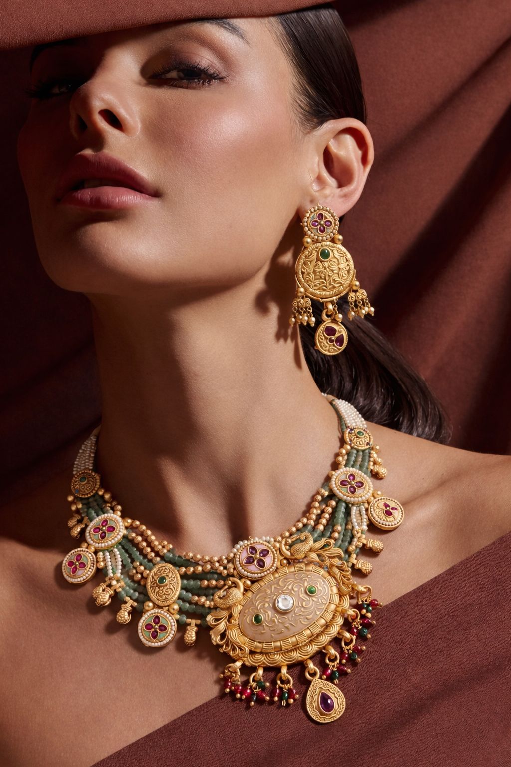 Royal Beaded Antique Gold Kundan Pendant Necklace Set with Earrings