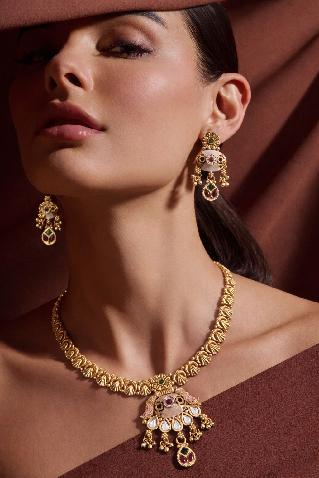 Traditional Antique Gold Kundan Pearl Pendant Necklace Set with Earrings