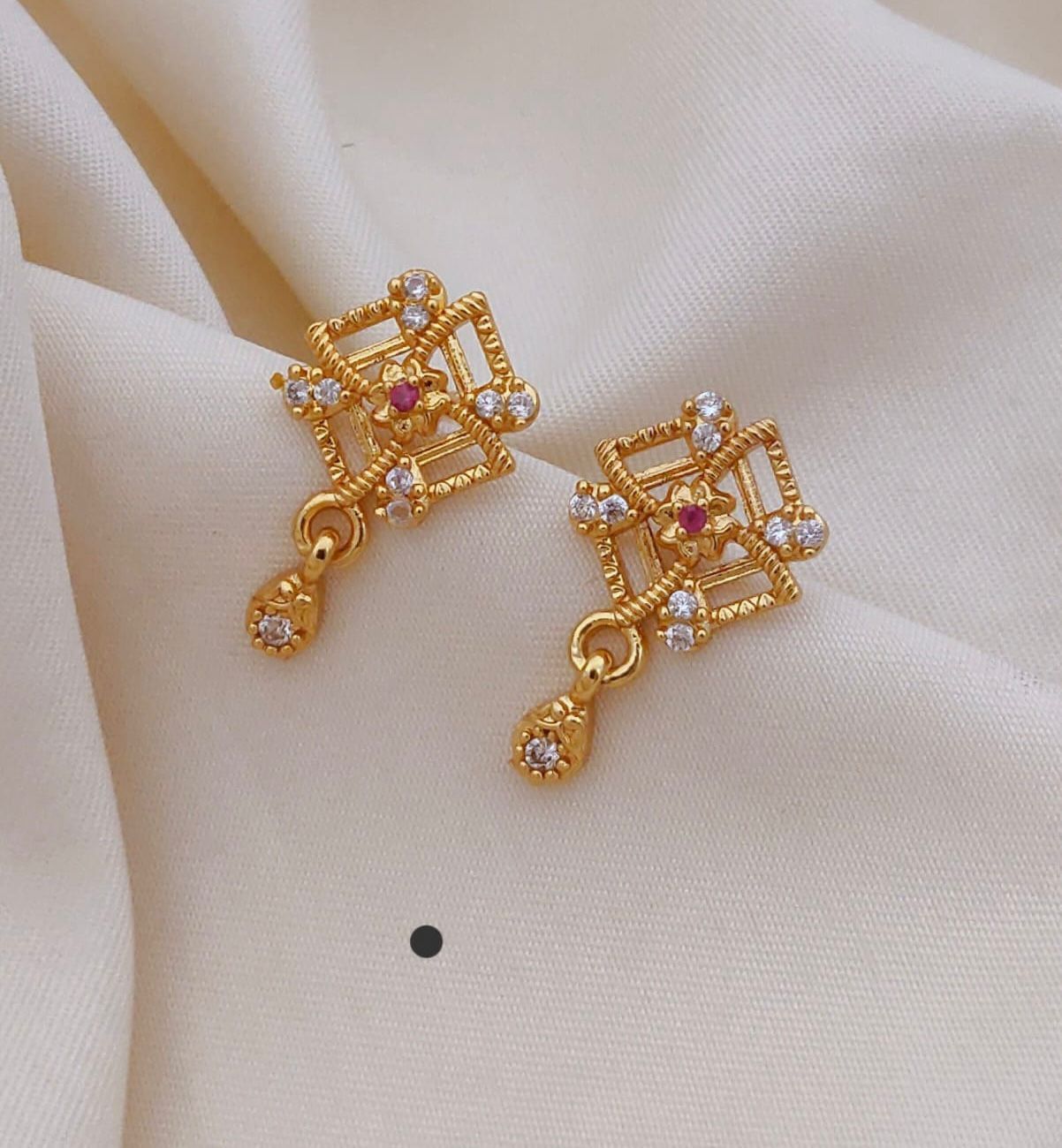 Elegant Gold Square Floral Drop Earrings with CZ Stones