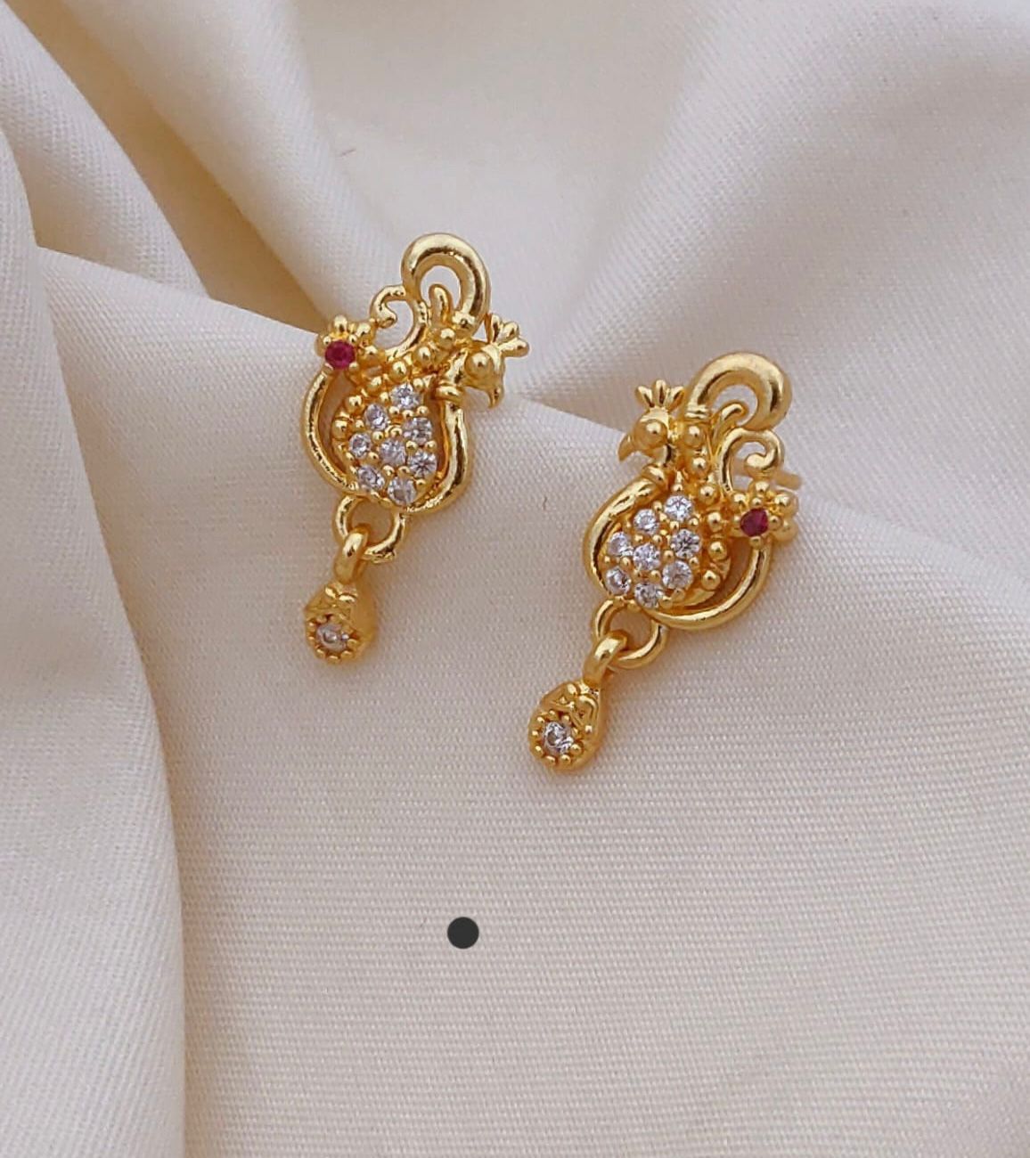 Traditional Gold Peacock Drop Earrings with CZ Stones