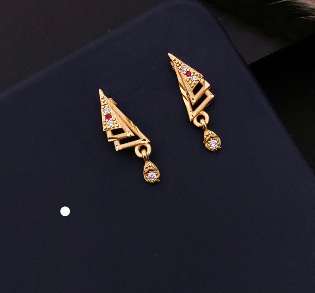 Elegant Gold Triangle CZ Drop Earrings with Ruby Accent
