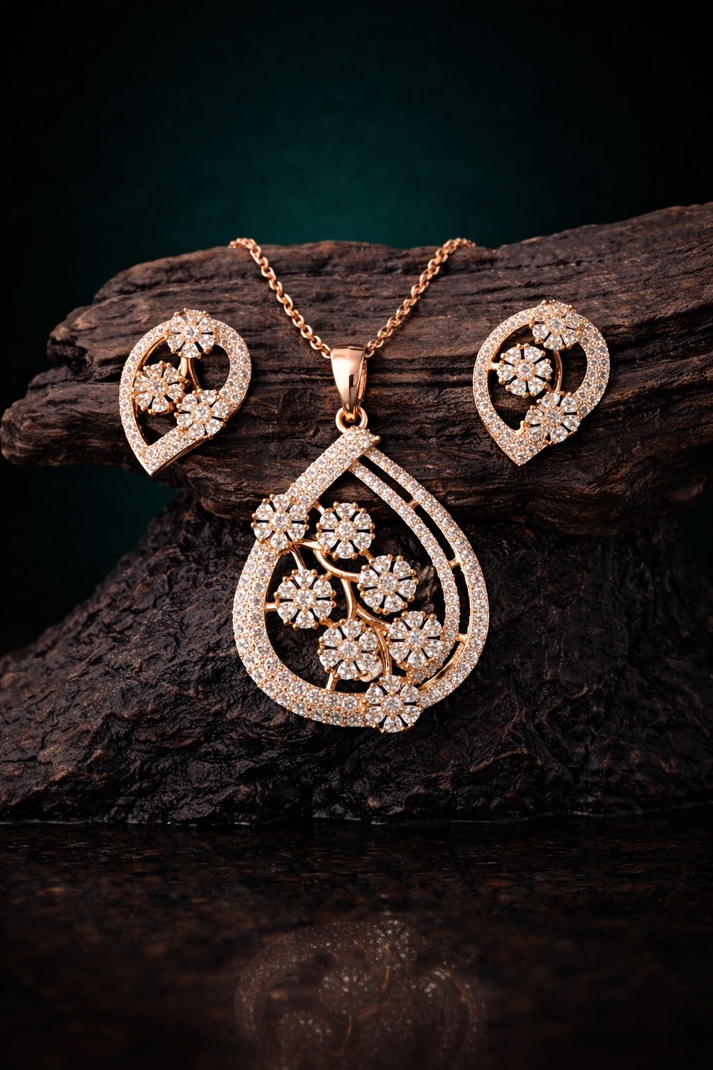 Elegant Floral Teardrop Gold-Plated Pendant Set with Sparkling Stones