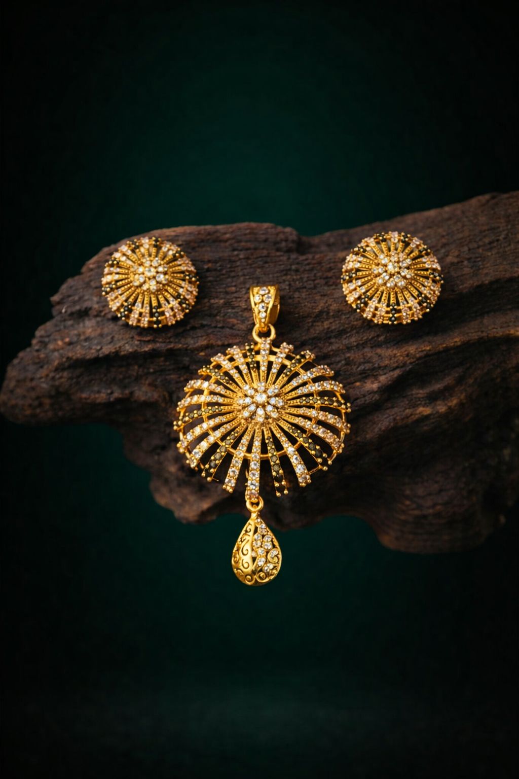 Royal Sunburst Gold-Plated Crystal Pendant Set with Matching Stud Earrings