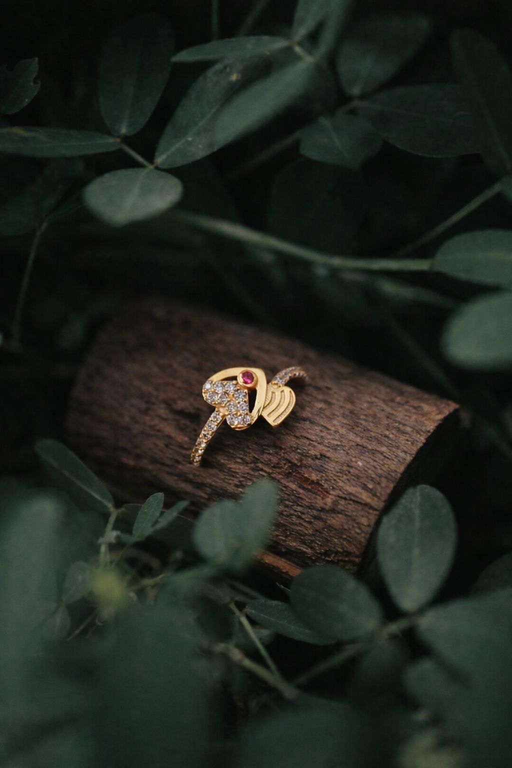 Designer Heart Shape Gold Ring with Ruby Stone and Diamond Accents