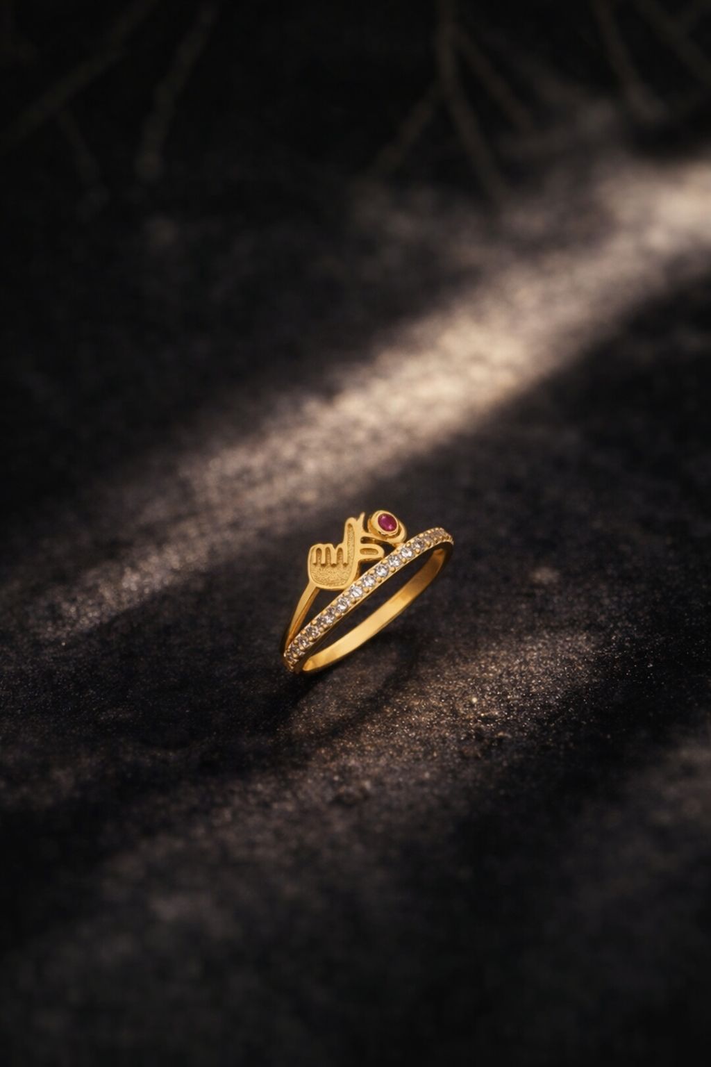 Designer Symbol Gold Ring with Ruby Accent and Diamond Band