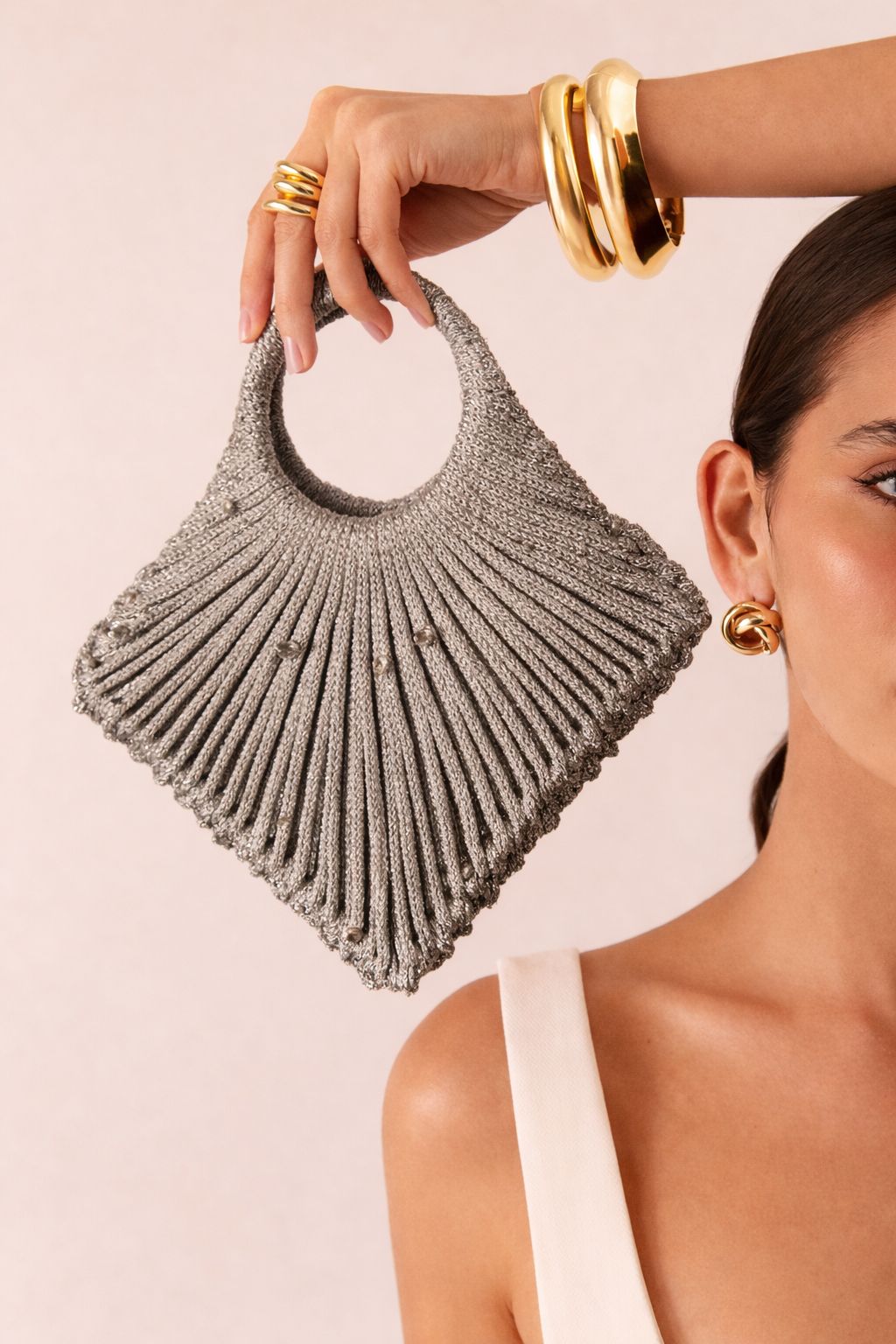Handwoven Metallic Grey Mini Handbag with Circular Handle