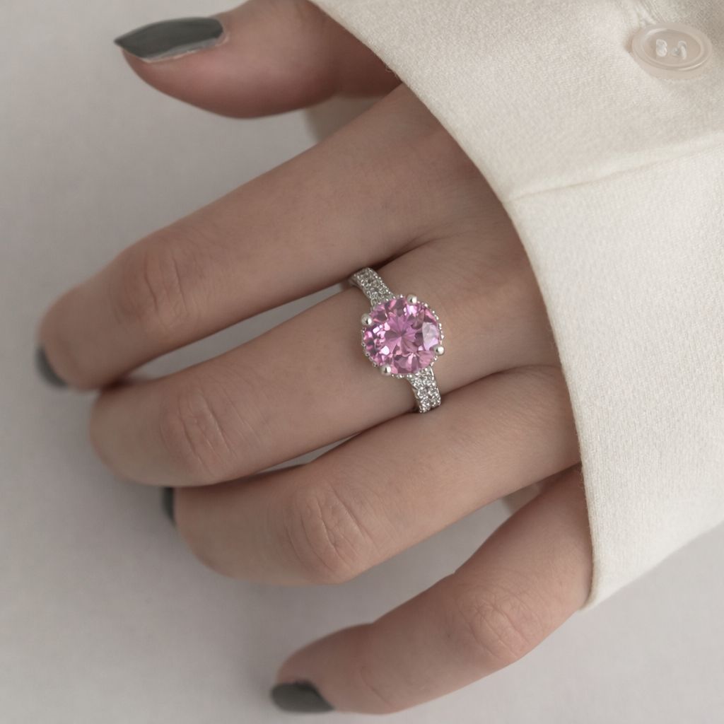 Elegant Pink Sapphire Halo Ring – Luxury Silver Diamond Engagement Ring