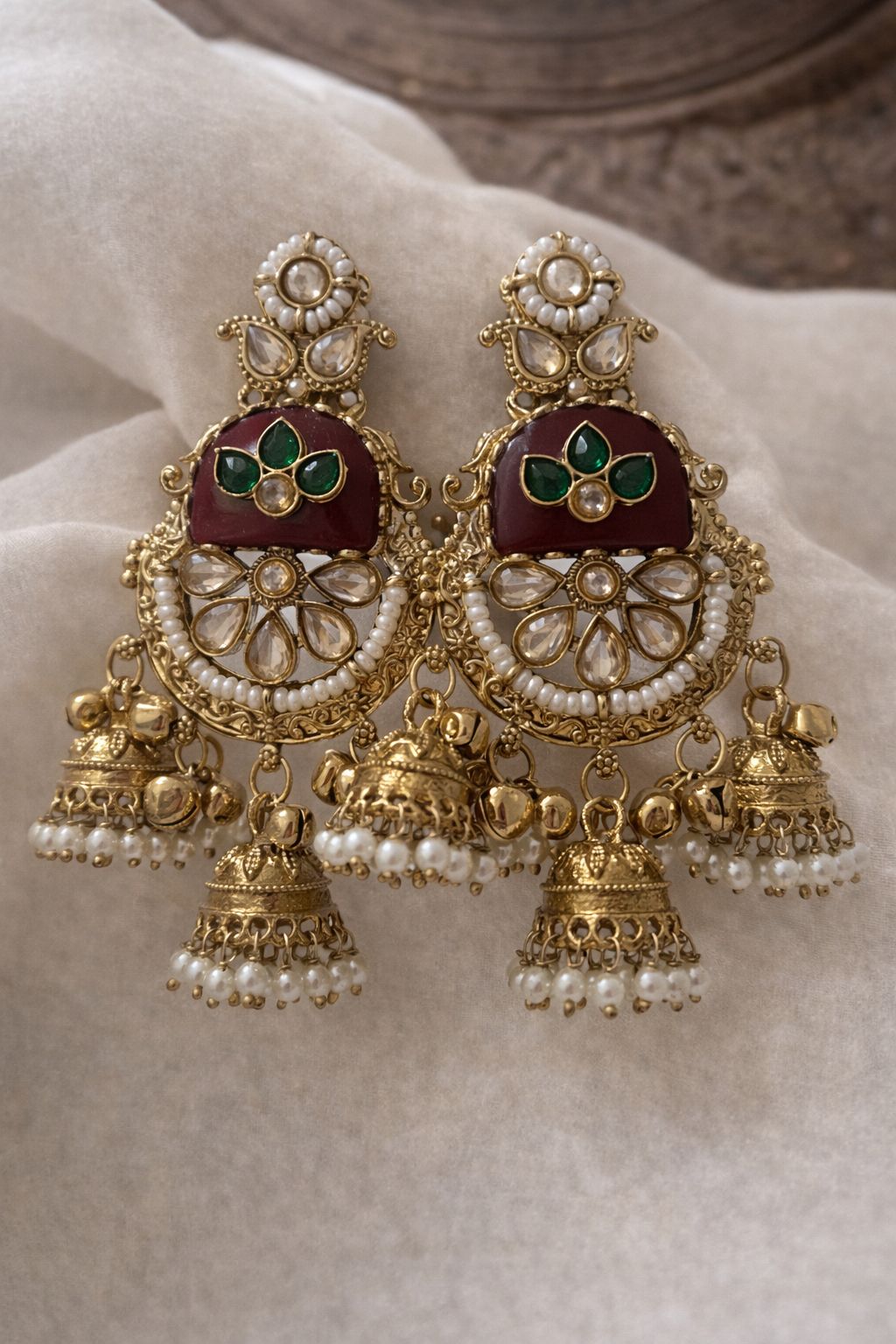 Royal Kashmere Kundan Pearl Jhumka Earrings – Maroon & Green Traditional Designer Danglers