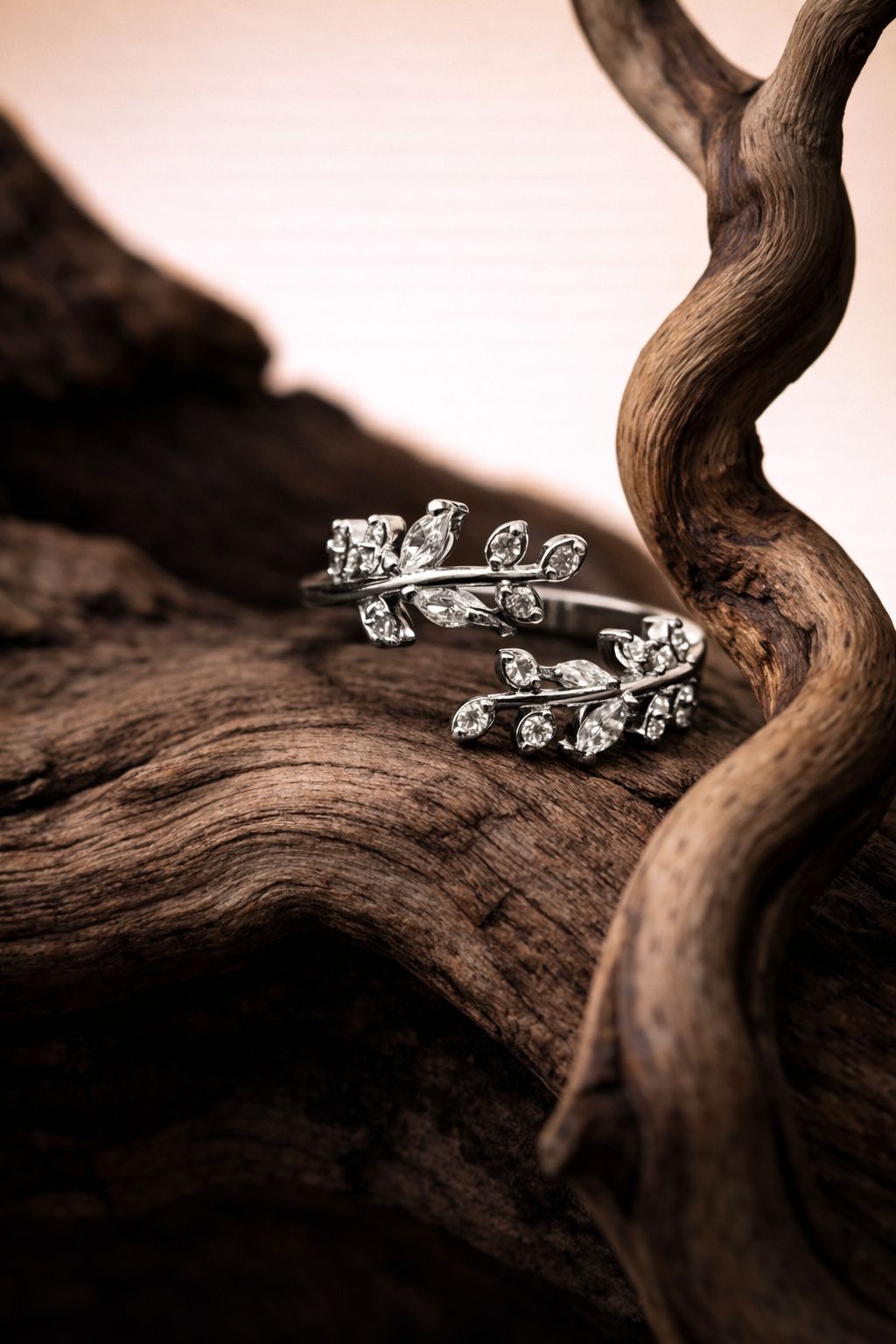 Elegant Silver Leaf Wrap Ring with Crystal Accents