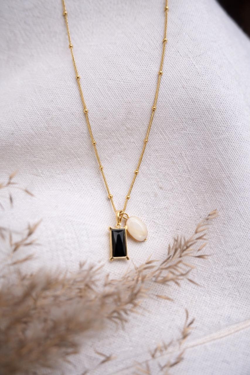Modern Gold Dual Pendant Necklace with Black Stone & Pearl Accent