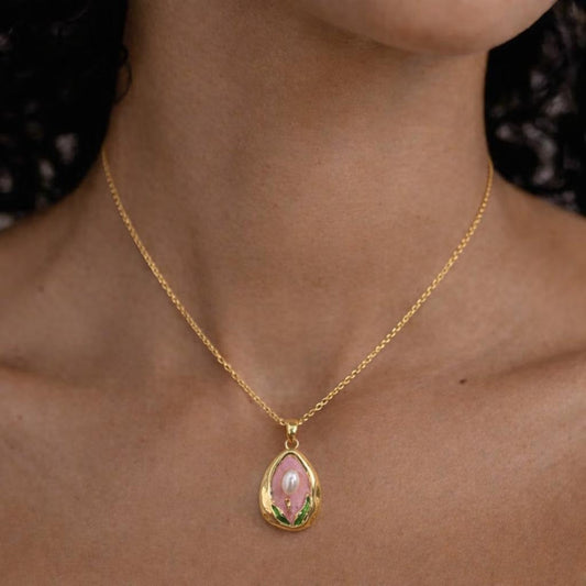 Elegant Gold Floral Pendant Necklace with Pearl Accent & Enamel Detailing