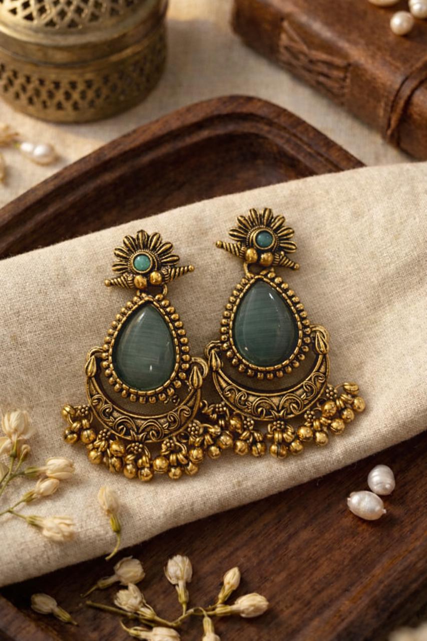 Traditional Gold-Tone Statement Earrings with Teardrop Green Stone & Antique Finish
