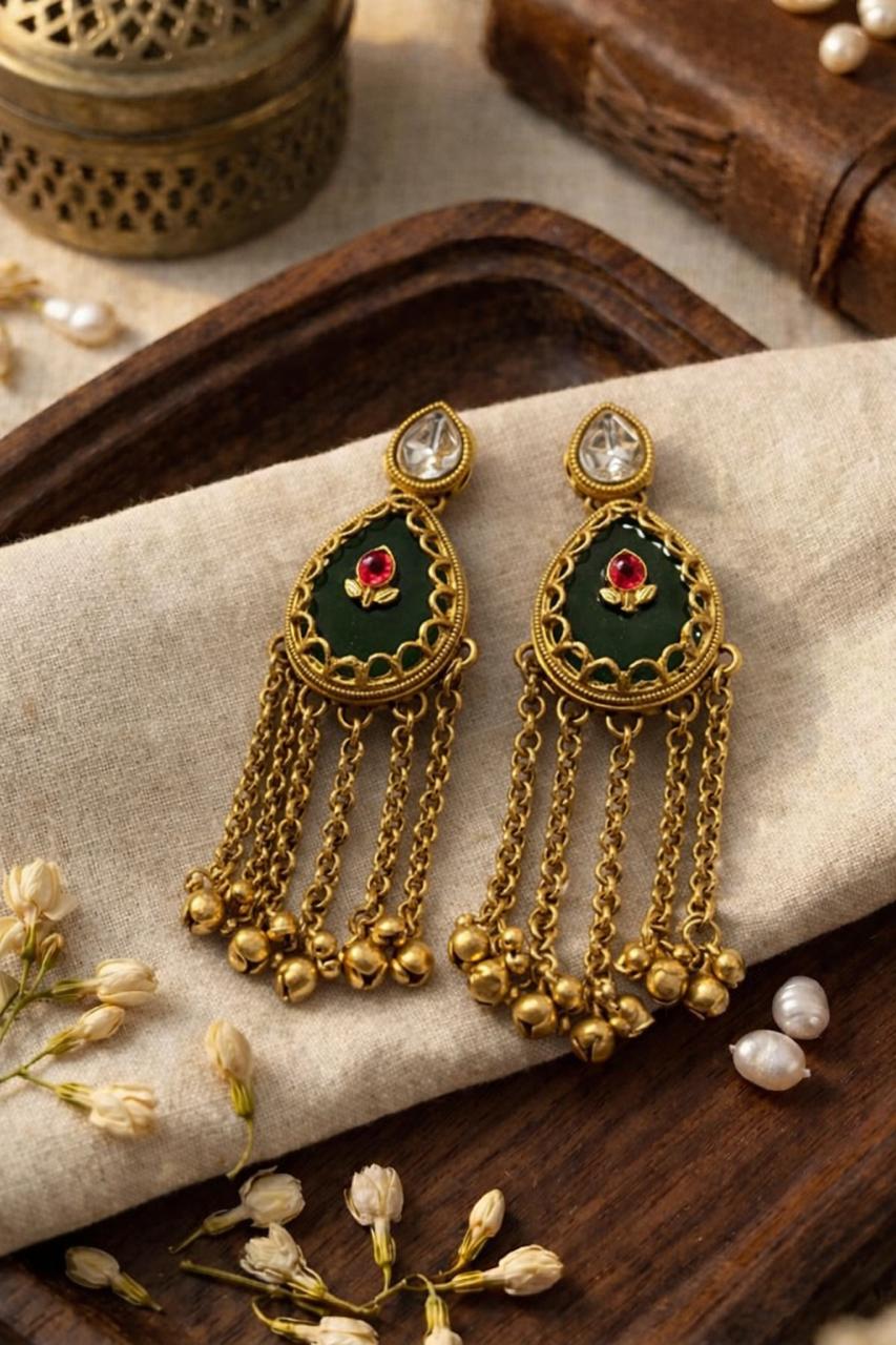 Traditional Gold-Tone Dangler Earrings with Green Enamel & Chain Tassels