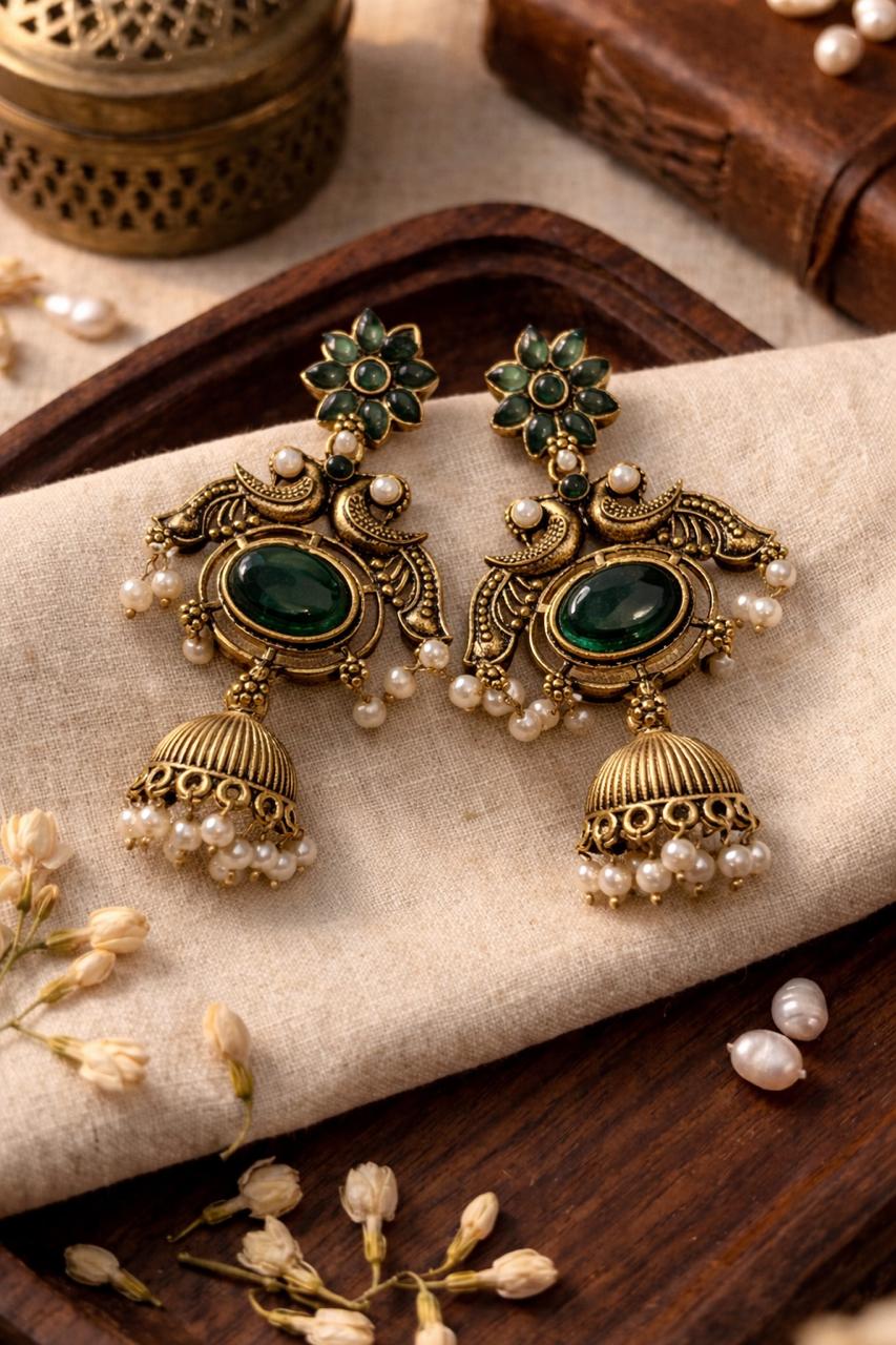 Traditional Antique Gold Jhumka Earrings with Green Floral Design & Pearl Drops