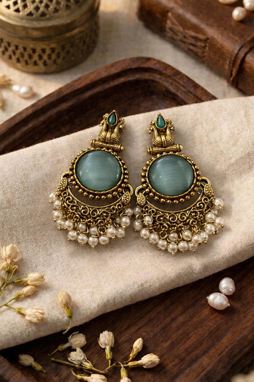 Traditional Antique Gold Jhumka Earrings with Aqua Stone & Pearl Drops