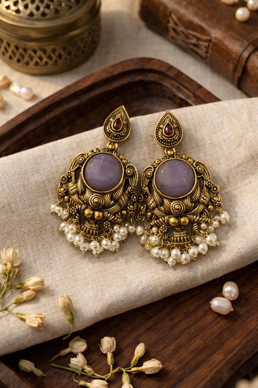Traditional Antique Gold Jhumka Earrings with Lavender Stone & Pearl Drops