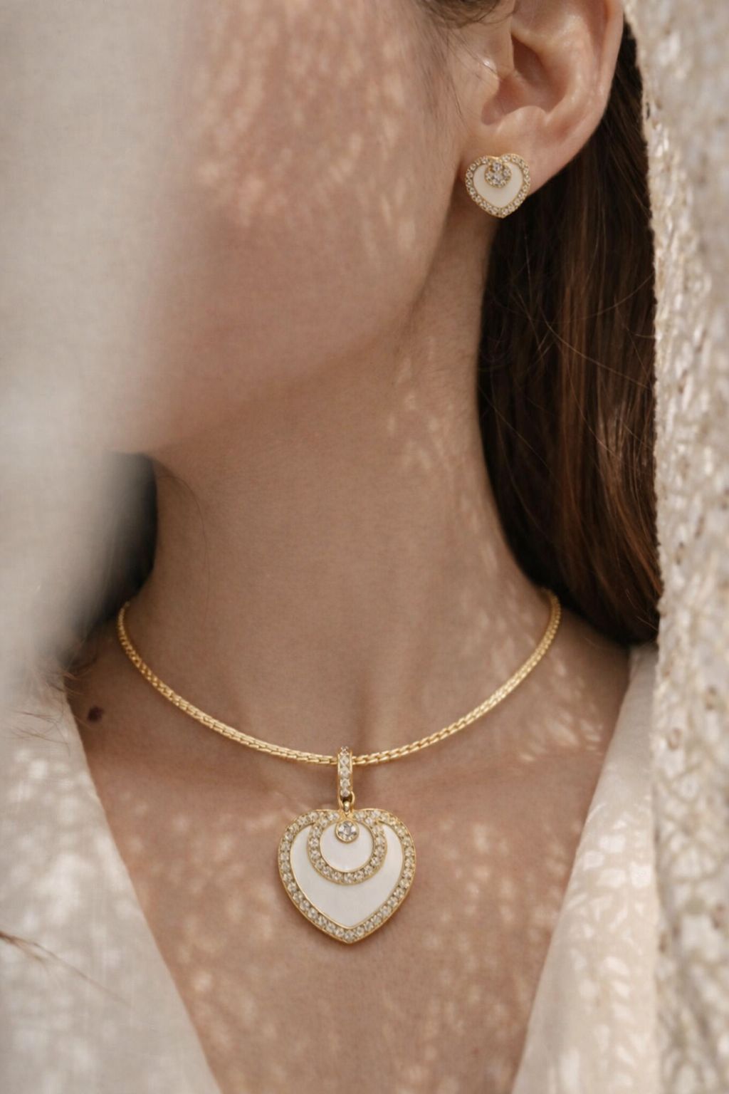 Elegant Double Heart Diamond Pendant Necklace Set with Matching Earrings