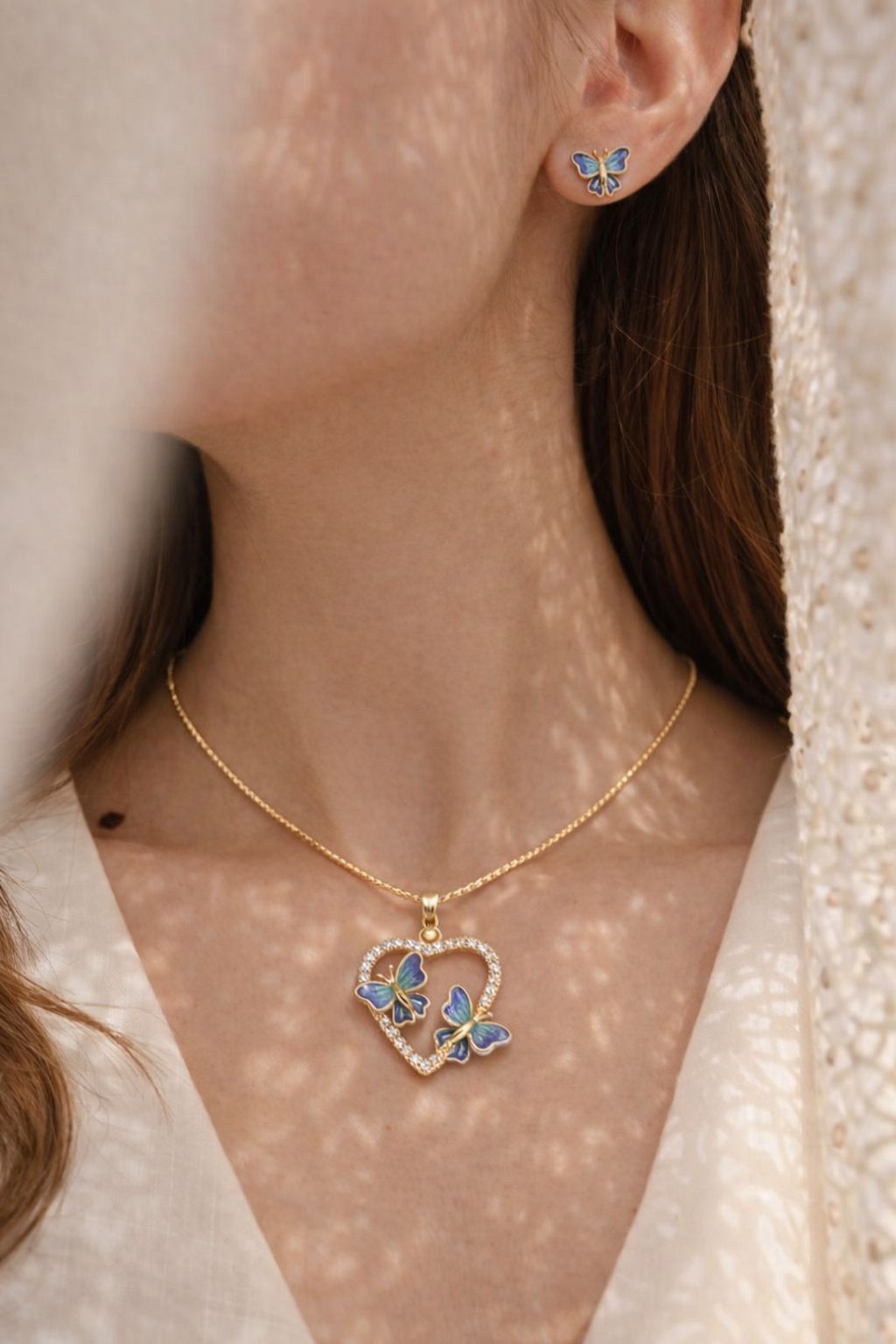 Elegant Butterfly Heart Pendant Necklace Set with Matching Stud Earrings
