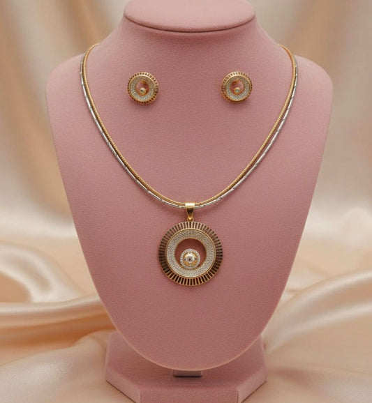 Elegant Circular Halo Pendant Necklace Set with Matching Stud Earrings