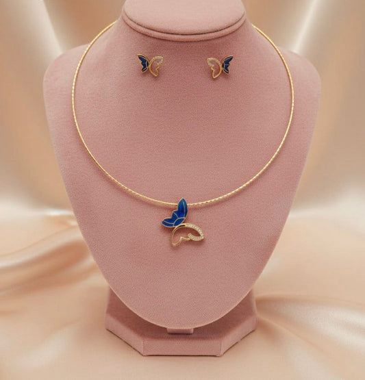 Elegant Blue Butterfly Pendant Necklace Set with Matching Stud Earrings
