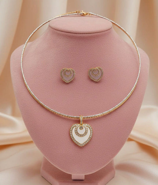 Elegant Double Heart Diamond Pendant Necklace Set with Matching Earrings