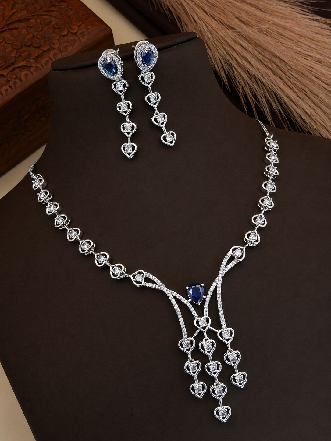 Midnight Heartfall Diamond Necklace Set – Sapphire Elegance by KRISHAURA