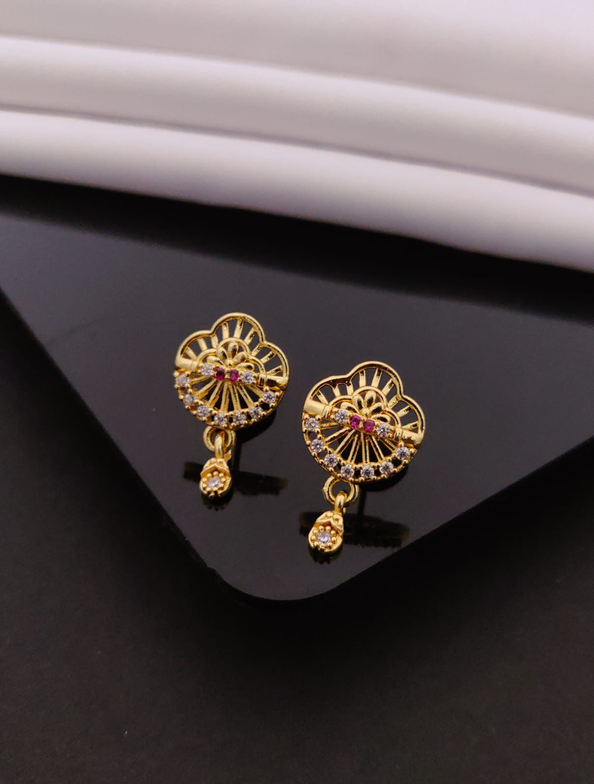 Elegant Gold Heart Floral Drop Earrings with CZ Stones