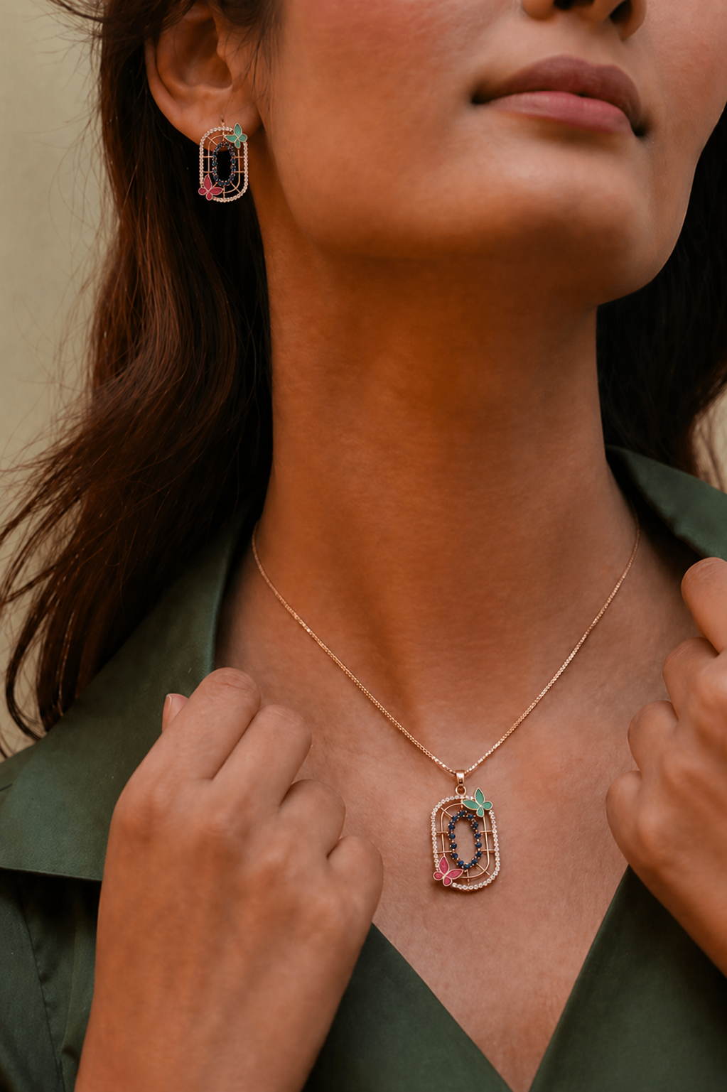 Enchanted Butterfly Oval Pendant Necklace – Elegant Gold Finish with Color Accents