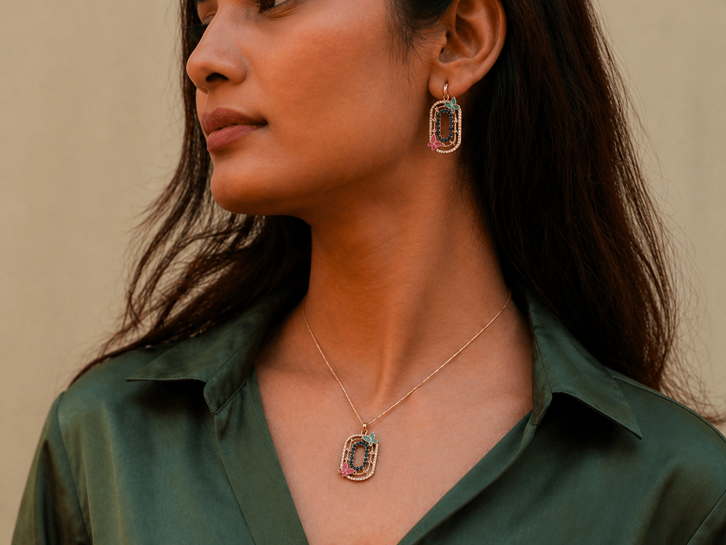 Enchanted Butterfly Oval Pendant Necklace – Elegant Gold Finish with Color Accents