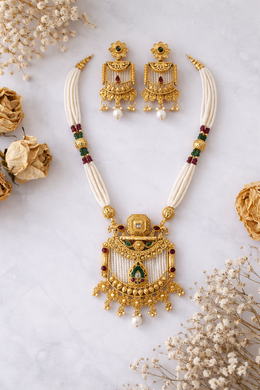 Royal Heritage Pearl & Temple Pendant Necklace Set with Earrings
