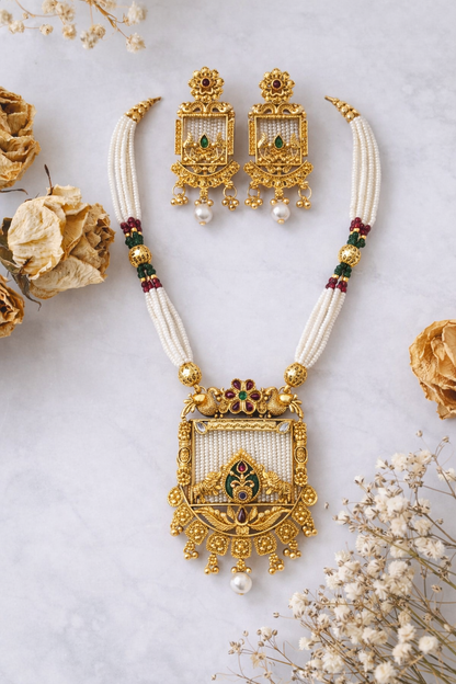 Heritage Temple Pearl Necklace Set with Peacock Motif Pendant & Earrings