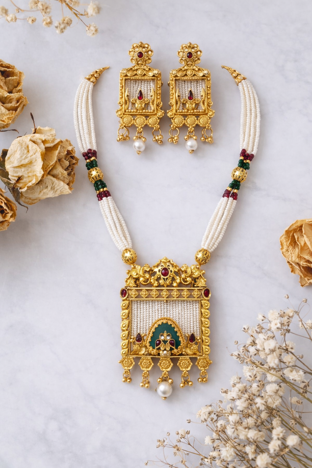 Classic Temple Pearl Necklace Set with Heritage Pendant & Earrings