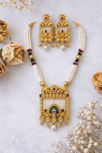 Classic Temple Pearl Necklace Set with Heritage Pendant & Earrings