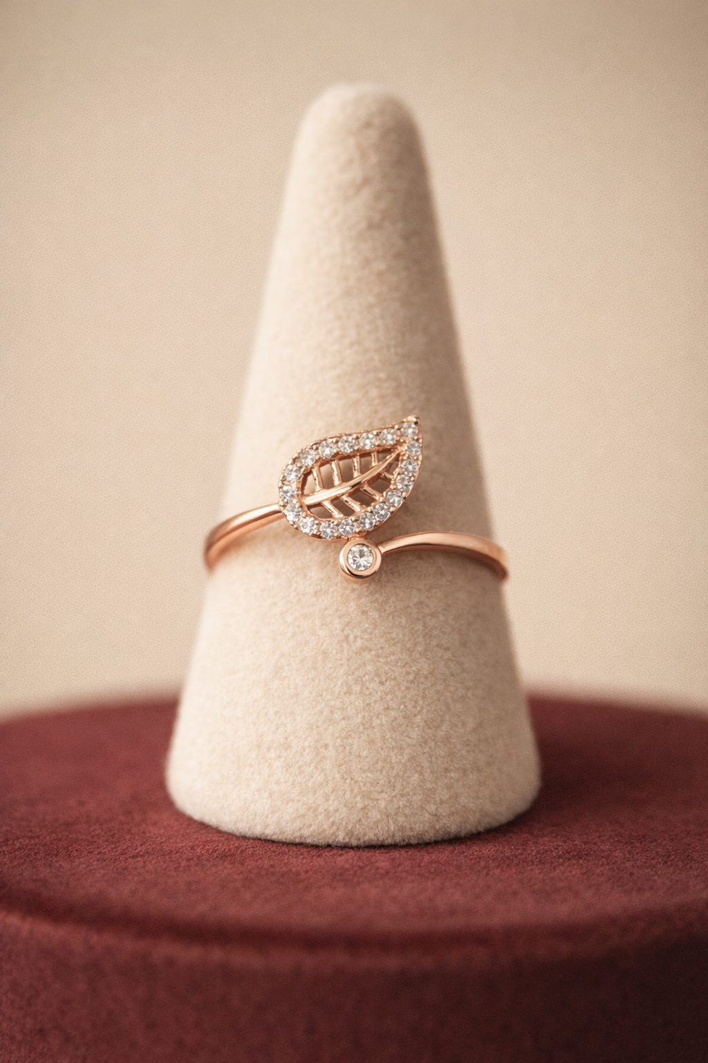 Elegant Leaf Design Adjustable Rose Gold Ring with Zircon Stones