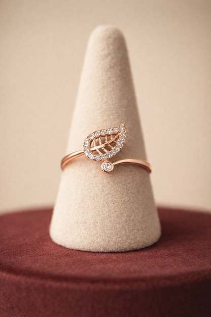 Elegant Leaf Design Adjustable Rose Gold Ring with Zircon Stones