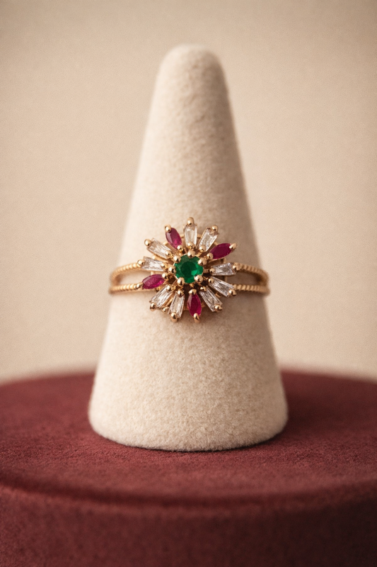 Royal Multicolor Floral Zircon Gold-Plated Adjustable Ring